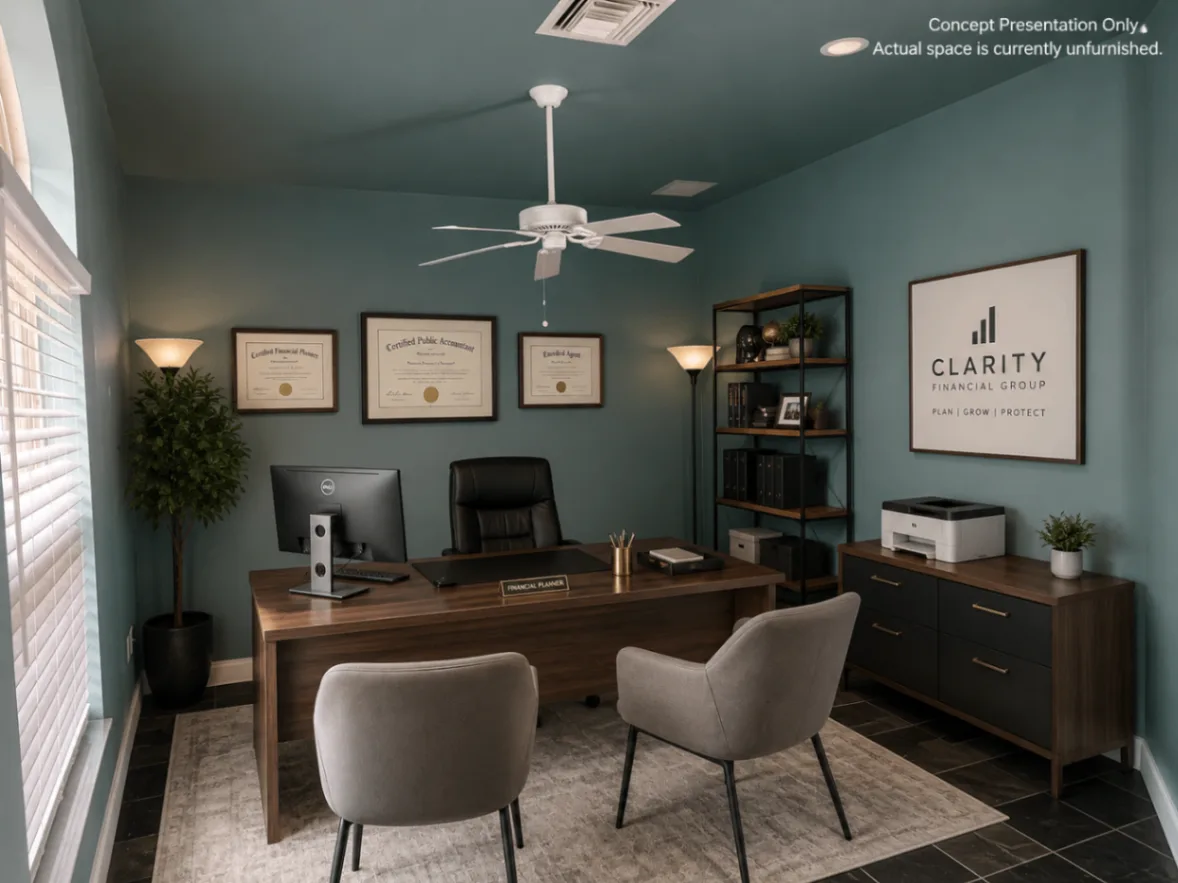 AI-generated furnishing concept showing a possible boutique office design direction
