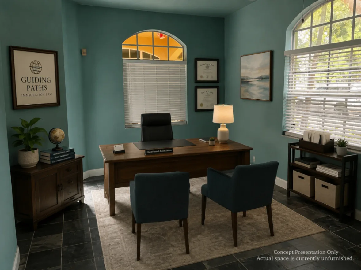 AI-generated furnishing concept showing a possible private office arrangement