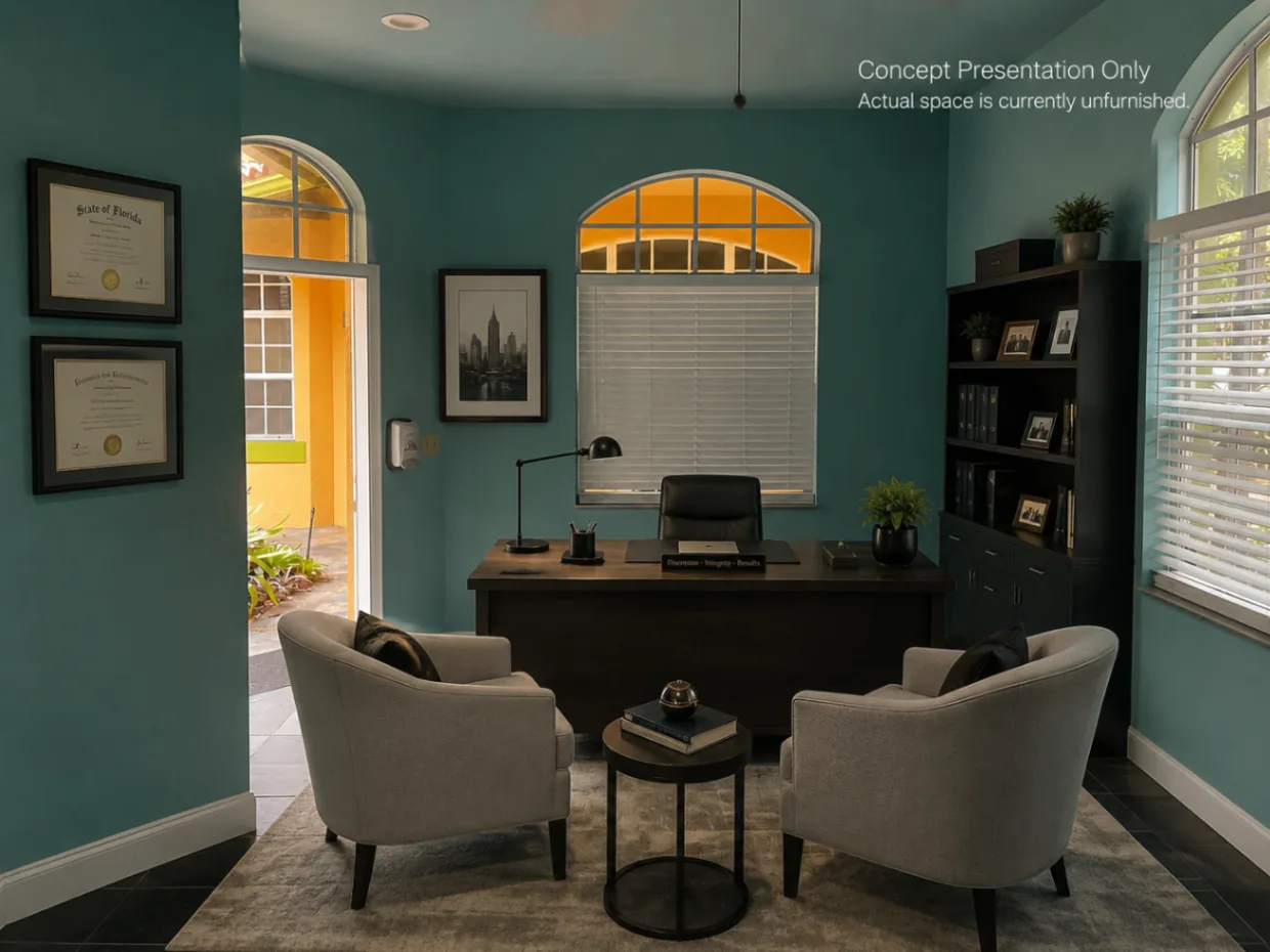 AI-generated furnishing concept showing a possible consultation office design direction